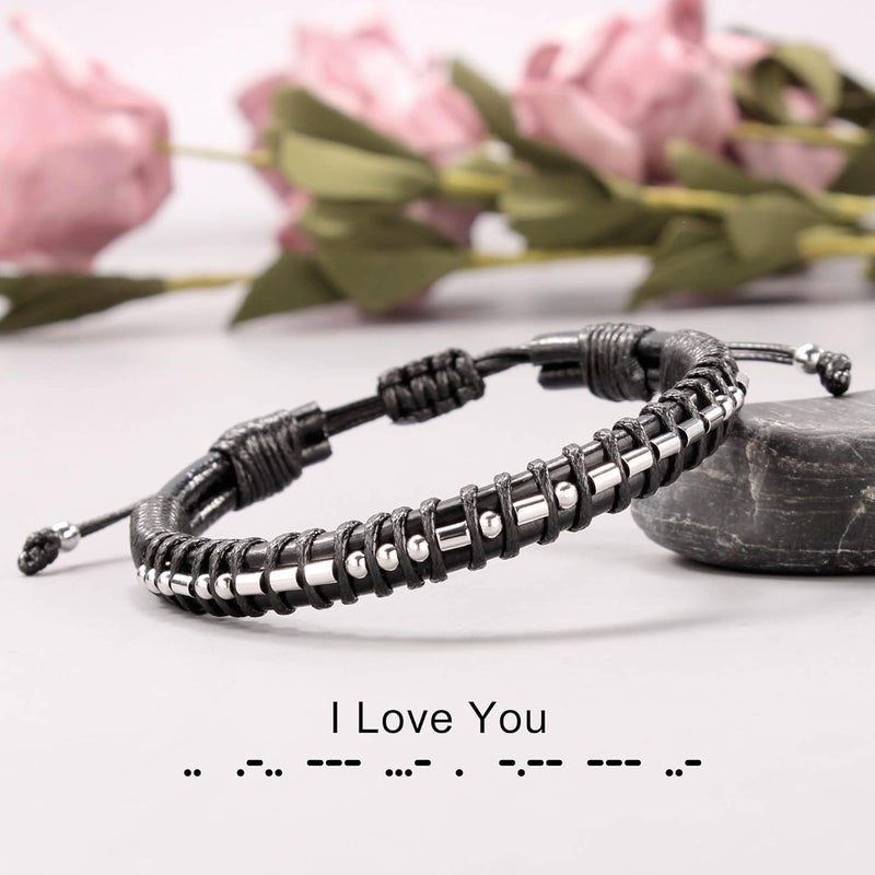 Btysun Valentines Day Gifts for Him Boyfriend Morse Code Bracelets for Men Husband Mens Bracelets Graduation Gifts for Him Fathers Day Adjustable Leather Bracelet Motivational Birthday Annivesary Jewelry Stocking Stuffers - Image 3